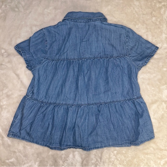 Madewell Denim Seamed Button Down Shirt Tiered Chambray Babydoll Ruffle Top Sz S - Picture 6 of 7